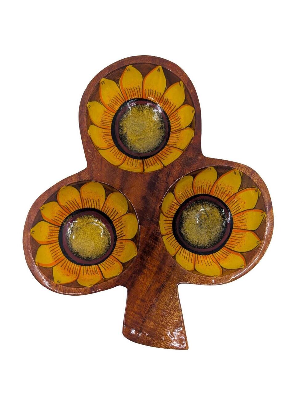 Vintage Mexican Hand Carved Painted Wooden Sunflower Serving Platter